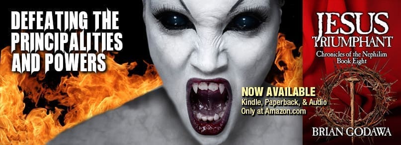 Fanged demon face beside flaming book cover