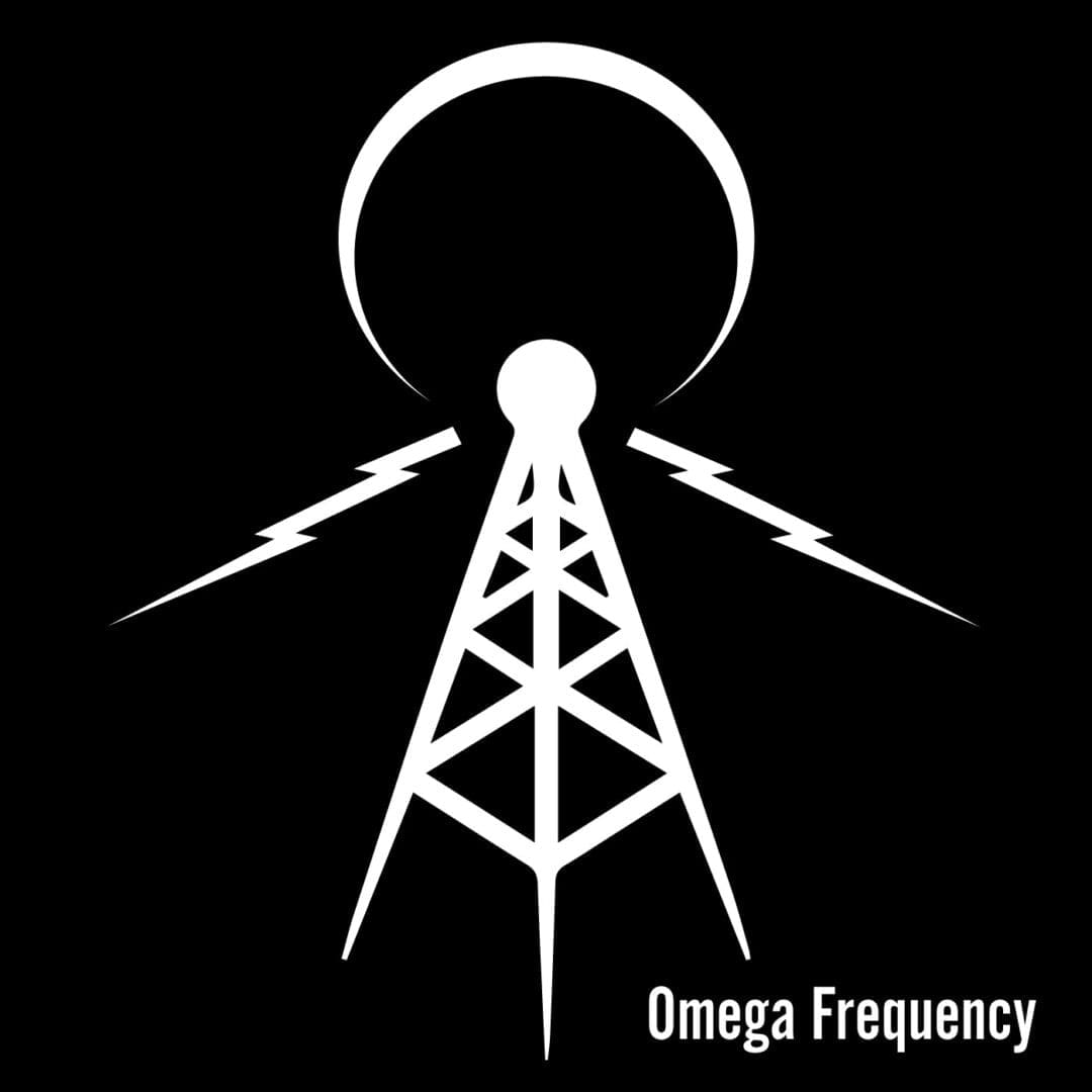 A white radio tower emitting signals on a black background.