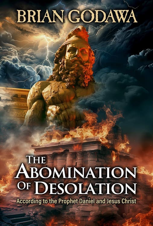 Apocalyptic book cover with burning temple, statue