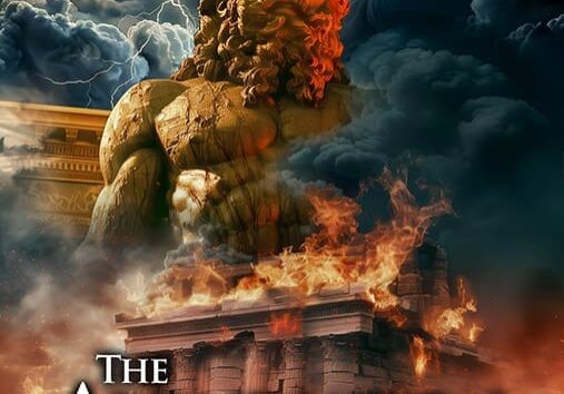 Apocalyptic book cover with burning temple, statue