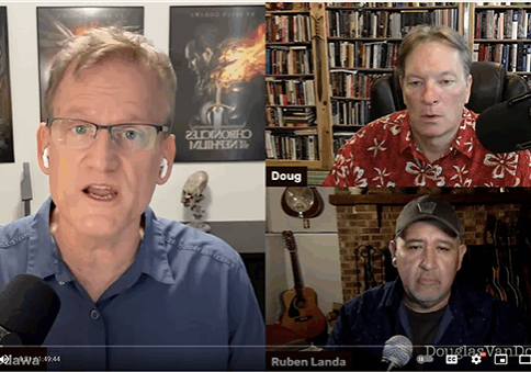 Three people in video podcast conversation