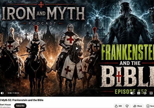 Knights and Frankenstein themed podcast episode cover.